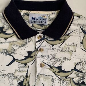 Sun Casuals Vintage Polo Short Sleeve Fishing Print Men’s Shirt Size L